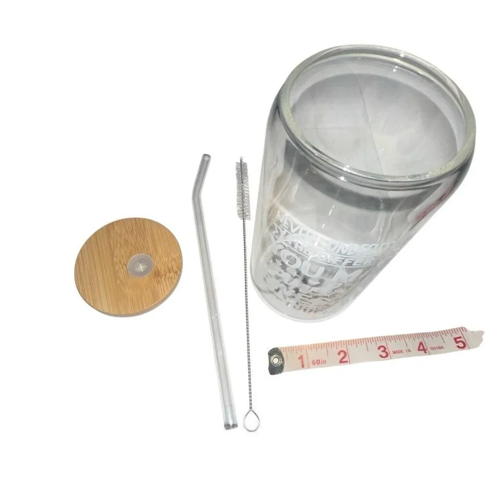 *NEW* Can shaped glasswear w/ wood lid glass straw Motivational Thanks